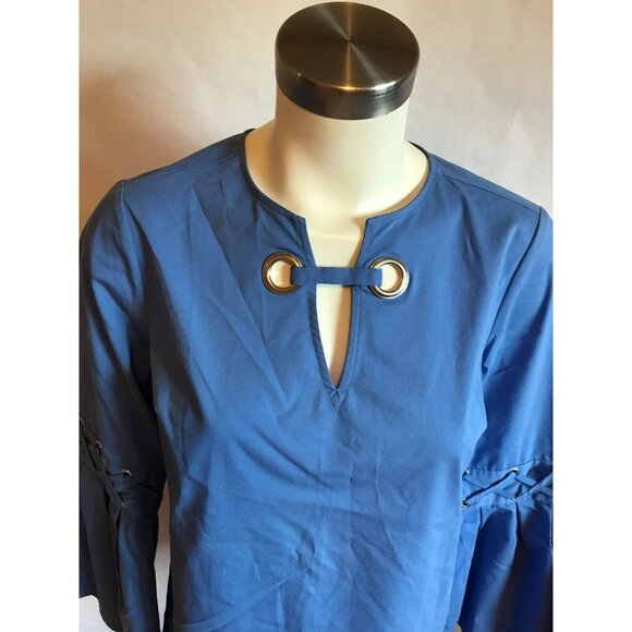 Michael Kors Oxford Blue V-Neck Shirt W/ Trumpet Sleeves, Size XS, NWT! $99 - Picture 2 of 9